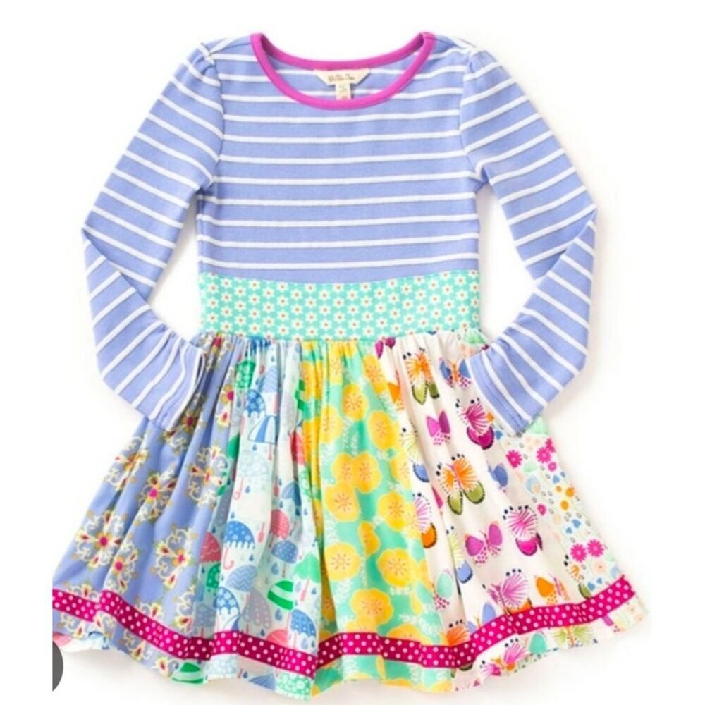 Matilda Jane dress Adventure Begins sz 8 Blue stripes floral butterfly umbrella